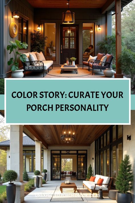 Carefully curated porch decor with harmonious color palette Front Porch Color Scheme, Porch Interior Design, Oversized Planters, Repurposed Decor, Porch Colors, Fall Front Door, Diy Fall Wreath, Open Sky, Color Story