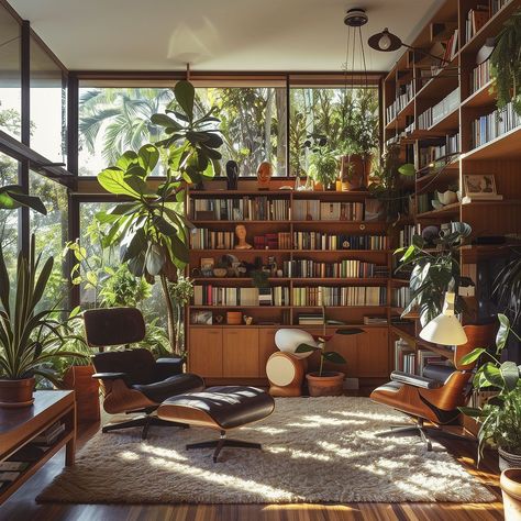 Mid Century Library Room, Mid Century Maximalism, Eames House Interior, Pnw Architecture, Mid Century Home Office, Retro Windows, Shady Hollow, Retro Library, Reading Place