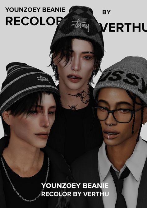 if u havent noticed stussy is like. one of my all time favorite brand. so yeah, stussy beanies!  a recolor of younzoey beanie. everything’s included. and uhhh don’t do bad things ok bye have fun    also... Male Accessories Sims 4 Cc, Sims 4 Cc Hats Accessories, Sims 4 Male Look Book, Male Clothing Sims 4 Cc, Sims 4 Hats Cc, Sims 4 Cc Hoodie, Sims Dress, Male Sims, Sims 4 Men Clothing