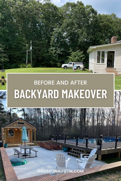 Backyard Makeover- Pool, Deck, Patio and Sauna - House On Austin Backyard Renovations Before And After, Back Deck Remodel Before And After, Less Grass Backyard Ideas, Backyard Entertainment Ideas, Builder Grade Backyard Makeover, Remodel Pool Before And After, Backyard Transformation Before After, Sauna House, Sun Sail Shade