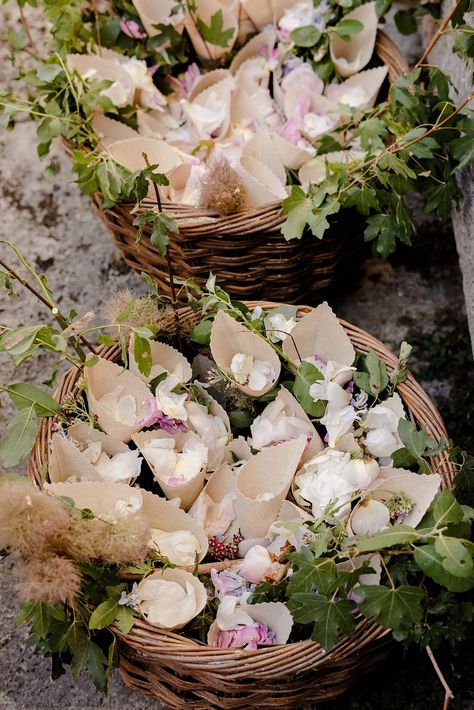 Petal Station Wedding, Floral Confetti Wedding, Italian Wedding Flowers, Petal Confetti Wedding, Flower Confetti Cones, Owlpen Manor, Flower Confetti Wedding, Tuscan Wedding Theme, Wedding Confetti Cones