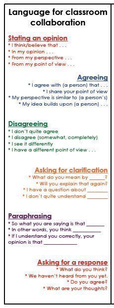 Bookmarks: language for classroom collaboration. Use these to help your students communicate with groups, patterns, or whole class discussion. 21st century skills. Student Discourse Anchor Chart, Collaborative Conversation Anchor Chart, Collaborative Conversations, Academic Discourse, Lit Circles, Accountable Talk, Class Discussion, Collaborative Classroom, Socratic Seminar