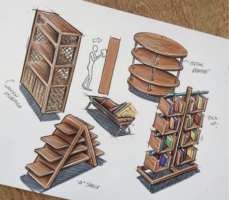 Interior Design Major, Library Drawing, Furniture Design Sketches, Bookshelf Storage, Bookshelf Design, Sketch Markers, Book Storage, Old Books, Illustration Artists