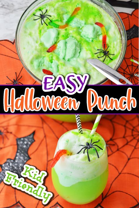 This easy Halloween punch is the perfect non-alcoholic punch recipe for all your Halloween celebrations! Festive and fun, it's a party drink that everyone will love! Broccoli Halloween Food, Green Sherbert Punch Halloween, Halloween Kid Friendly Punch, Non Alcoholic Punch Recipes Halloween, Green Punch Halloween, Fall Halloween Party Food, Green Non Alcoholic Punch Recipes, Frogs Breath Drink, Witches Punch For Kids