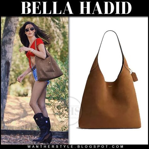 Bella Hadid in cowboy boots, denim shorts and suede Coach Brooklyn shoulder bag. august 21 outfit Shorts Cowboy Boots, Coach Brooklyn, Shorts And Cowboy Boots, Shoulder Bag Outfit, Brown Strappy Sandals, White Sleeveless Shirt, Coach Fashion, Board Aesthetic, Bella Hadid Style