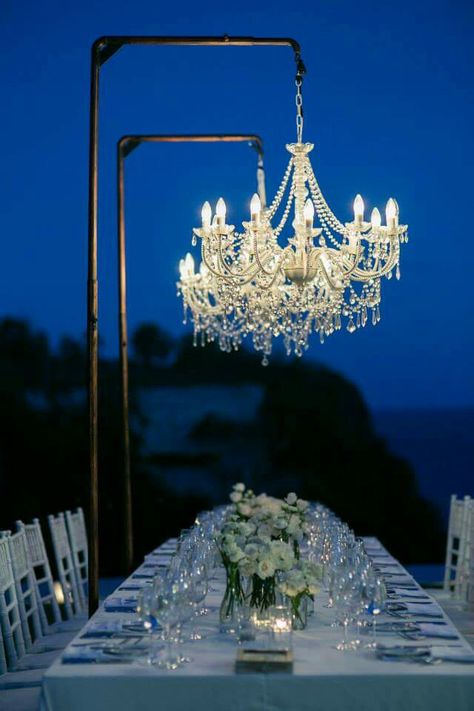 Hanging Chandelier Wedding, Hanging Chandelier Over Table Wedding, Free Standing Chandelier Wedding, Florals Hanging From Chandelier Wedding, Chandelier Over Dance Floor Wedding, Chandelier Wedding Decor, Wedding Chandelier, High Tea Party, Outdoor Chandeliers