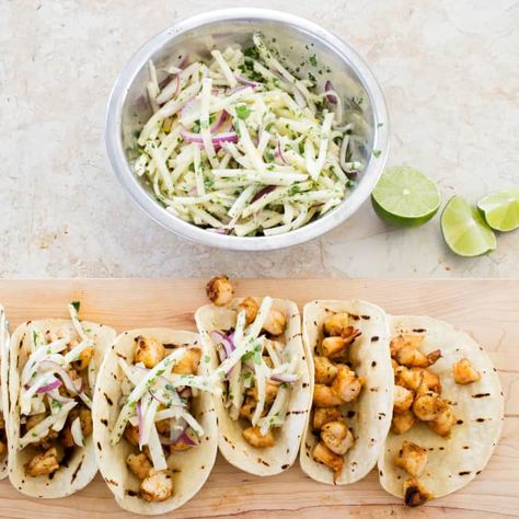 Grilled Shrimp Tacos with Jicama Slaw | America's Test Kitchen Recipe Tangy Slaw, American Test Kitchen, Grilled Shrimp Tacos, Jicama Slaw, Grilled Chicken Tacos, America's Test Kitchen Recipes, Spicy Shrimp, Shrimp Tacos, Kitchen Recipe