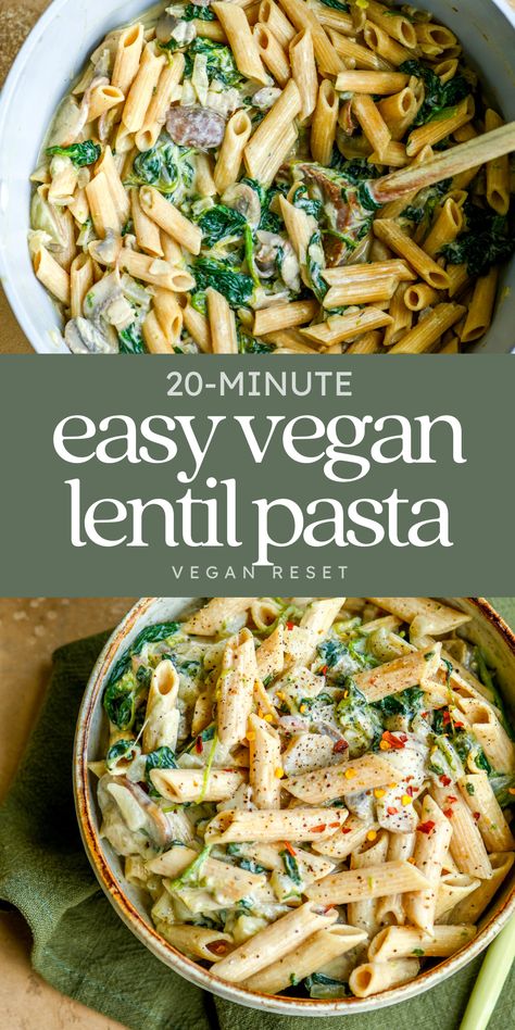 This creamy lentil pasta recipe is vegan, gluten-free, high in protein and fiber, and ready in just 20 minutes! The perfect healthy lunch idea for your busy days or weeknight dinner recipe for you and your family. It's made with a creamy tahini base, fresh spinach and mushrooms. #EasyVeganLunch #HighProteinMeals #GlutenFreeRecipes 🍝 Spinach Based Meals, Vegetarian Protein Pasta, Pasta Recipes High Protein, Vegan Protein Pasta, Vegan Lentil Pasta, High Protein Vegan Dinner, Lentil Pasta Recipe, High Protein Vegan Meals, Ital Food