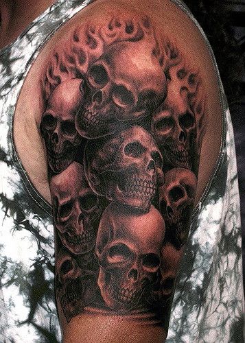 Pile of skulls tattoo | black and gray tattoo by Matthew Ame… | Flickr Tattoo Crane, Tato 3d, Tatoo 3d, Skull Tattoo Designs, Tato Dengan Makna, Skull Sleeve Tattoos, Skull Sleeve, Mens Shoulder Tattoo, Skeleton Tattoos