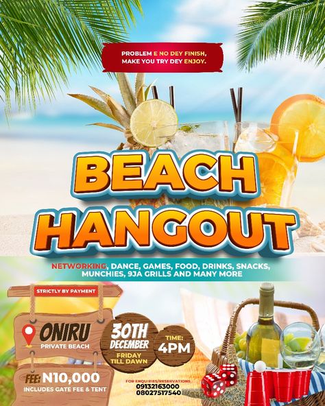 Flyer Poster for a Beach Hangout Beach Hangout Flyer Design, Beach Party Flyer Design, Beach Flyer Design, Jiji Background, Kd Image, Hangout Flyer Design, Beach Hangout, Beach Party Flyer, Blank Book Cover