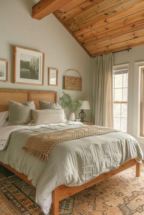 Nature-Infused Sage Green Farmhouse Quarters Farmhouse Green Bedroom, Sage And Beige Bedroom, Guest Bedroom Green, Earth Tone Bedroom Green, Sage Green Farmhouse Bedroom, Green Farmhouse Bedroom, Sage Green Farmhouse, Light Green Bedrooms, Christian Room