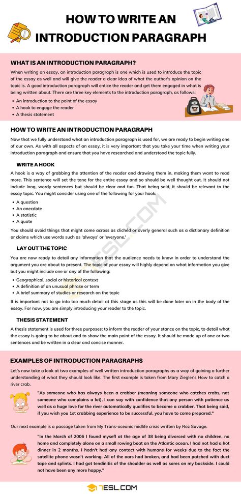 Introduction Paragraph: How To Write An Introduction Paragraph (with Examples) - 7 E S L Essay Writing Introduction, Introduction Essay Example, College Introduction Paragraph, How To Write An Introduction To An Essay, How To Write A Introduction Paragraph, Essay Writing Tips Introduction, How To Write A Good Essay Introduction, Opening Paragraph Examples, Writing Introduction Paragraphs