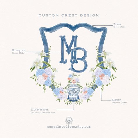 Create a unique and personalized wedding crest or monogram with your pet, venue, or favorite item. Perfect for invitations, save the dates, and other wedding stationery. #wedding #weddingcrest #weddingmonogram . #Watercolor_Monogram_Crest #Wedding_Crest_Watercolor #Watercolor_Wedding_Crest #Watercolor_Crest Wedding Crest Monogram, Crest Invitation, Watercolor Crest, Venue Illustration, Crest Monogram, Watercolor Monogram, Pet Illustration, Wedding Logo Design, Wedding Crest