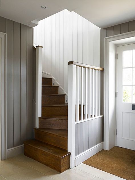 Vertical Shiplap Staircase Wall, Vertical Shiplap Stairwell, Simple Banister, Vertical Panelling, Curved Stairway, Cottage Staircase, Vertical Paneling, Farmhouse Staircase, Paneling Makeover