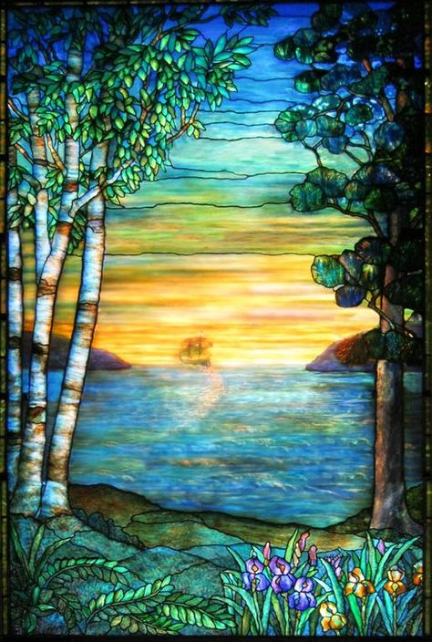 Stained glass sunset window Tiffany Stained Glass Windows, Tiffany Glass Art, Stained Glass Quilt, زجاج ملون, Tiffany Stained Glass, Tiffany Glass, Stained Glass Crafts, Art Stained, Stained Glass Designs