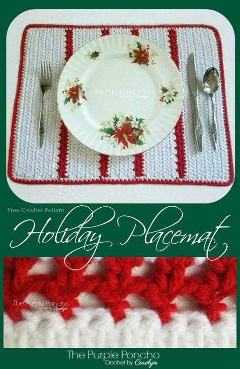 The Holiday Placemat is a fun addition to your holiday decorating. It can be used as a table setting, or as a centerpiece for your table. It can also be made in any color combination of your choice to go with your everyday household colors too. Get the free crochet pattern at #thepurpleponcho #christmas #crochet #decorating Trendy Crochet Patterns, Crochet Christmas Ornaments Free, Crochet Placemat Patterns, Crochet Patterns Free, Crochet Placemats, Placemats Patterns, Trendy Crochet, Crochet Kitchen, Holiday Crochet