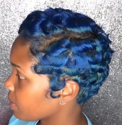 Dyed Finger Waves, Blue Finger Waves, Blue Curls, Finger Waves Short Hair, Finger Wave Hair, Finger Wave, Hair Projects, Creative Hair Color, Finger Waves