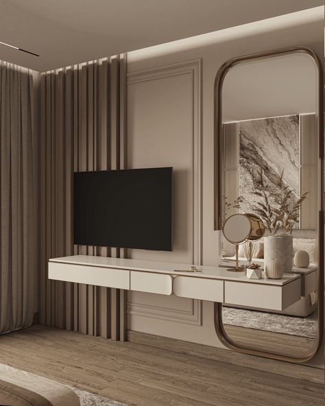 Master Bedroom :: Behance Tv Unit Panelling, Tv Ideas For Bedroom, Bed Rooms Design Modern Luxury, Tv In Bedroom Ideas, Bedroom Tv Unit Design, Tv Unit Bedroom, Bedroom Behance, Materials Board Interior Design, Bedroom Tv Wall