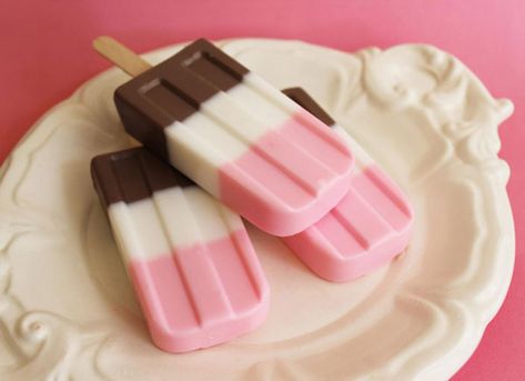 Popsicle Aesthetic, Popsicle Soap, Ice Cream Quotes, Strawberry Soap, Weight Watcher Desserts, Neapolitan Ice Cream, Ice Cream Pops, Chocolate Soap, Low Carb Dessert