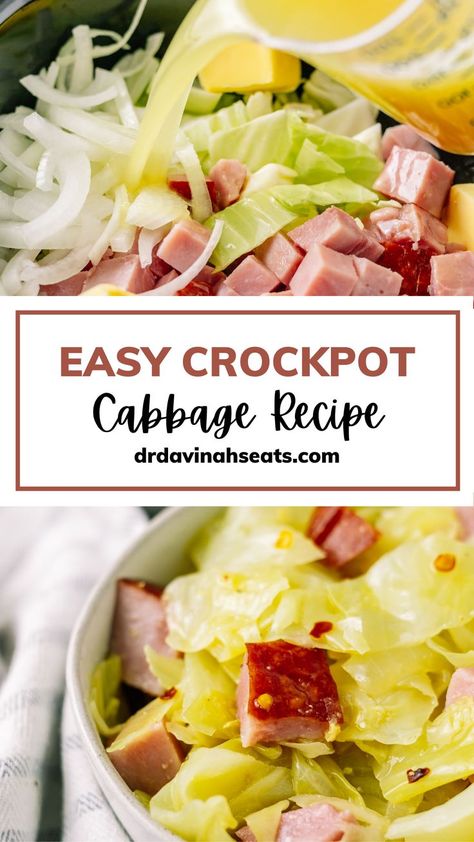 Cook this easy delicious Crockpot Cabbage recipe as a side dish for your family. This recipe includes ham (or other smoked meat like kielbasa sausage) and other simple ingredients. By making cabbage in a Crockpot slow cooker, you get tender, Southern-Style cabbage. Make this healthy slow cooker recipe as a side dish for my air fryer tilapia, cauliflower rice pilaf, or pot roast. Discover more easy crockpot recipes for your family at https://drdavinahseats.com/. Cauliflower Rice Pilaf, Air Fryer Tilapia, Crockpot Cabbage, Cabbage And Smoked Sausage, Sausage Crockpot Recipes, Crockpot Cabbage Recipes, Ham And Cabbage Soup, Ham And Cabbage, Low Carb Slow Cooker Recipes