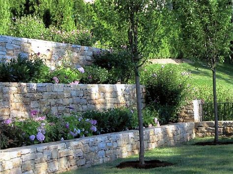 Stone garden retainer walls Landscape Edging Stone, Hillside Landscape, Backyard Retaining Walls, Stone Walls Garden, Terraced Landscaping, Landscaping A Slope, Garden Retaining Wall, Terrace Ideas, Hillside Garden