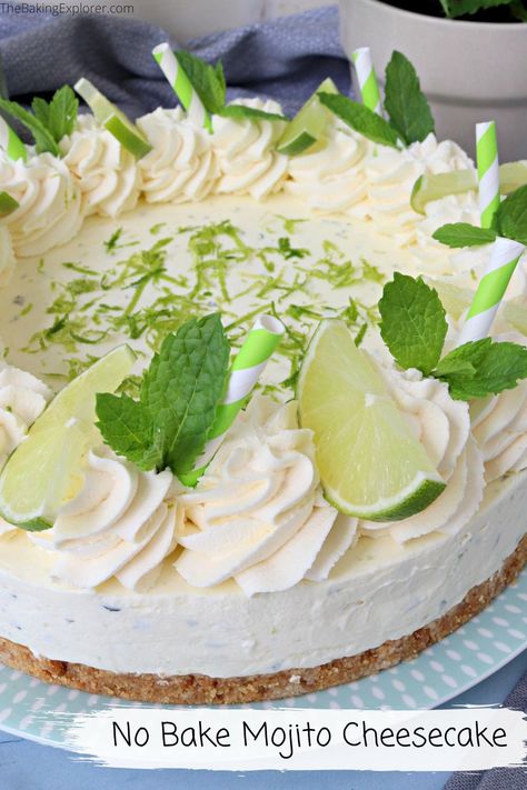 Mojito Cake Recipe, Boozy Cheesecake, Lime Cheesecake No Bake, Mojito Cake, Mojito Cheesecake, Chesse Cake, Cheesecake No Bake, Mint Cheesecake, Yummy Cheesecake