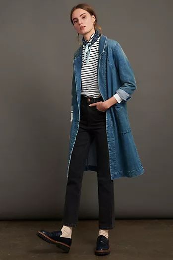 Petite Clothing for Women | Anthropologie Long Denim Coat Outfit, Denim Duster Outfits, Long Duster Outfit, Long Denim Jacket Outfit, Duster Outfit, Denim Duster Coat, Long Denim Shirt, Long Denim Coat, Denim Duster