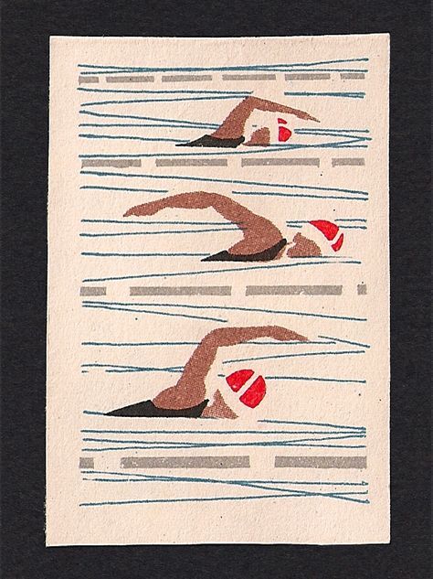 Vintage Swimming Illustration, Vintage Swimmer Illustration, Swimmer Illustration, Matchbox Illustration, Swimming Illustration, Pool Artwork, Matchbox Label, Matchbook Art, Matchbox Art