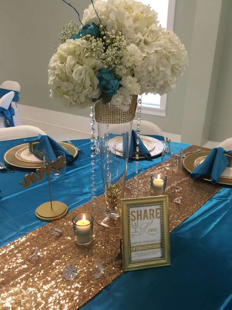 Maya Blue Ivory And Gold Wedding, Gold Table Centerpieces, Teal Weddings, Ivory And Gold Wedding, Gold Ivory Wedding, Gold Wedding Party, Roaring 20s Wedding, Gold Wedding Centerpieces, Teal Party