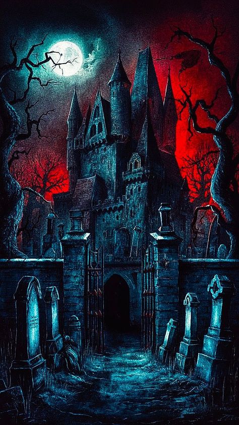 Vampire Castle Tattoo, Eerie Landscape, Goth Architecture, Gothic Landscape, Cemetery Gates, Vampire Castle, Halloween Dollhouse, Diy Canvas Art Easy, Metal Songs