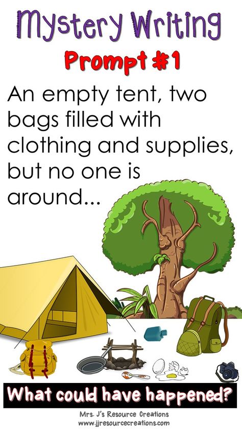 Mystery Prompt that can be used in the classroom for discussion, writing activities and more. A math mystery is also available to integrate with the ELA part. Writing Activities For 3rd Grade Fun, Story Writing Activities, Camping Writing Prompts, Mystery Literacy Night, Mystery Story Ideas, Mystery Stories For Kids, Detective Themed Classroom, Mystery Unit, Mystery Crafts