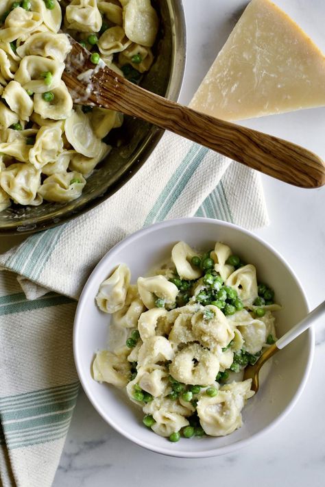 Tortellini Alla Panna Recipe with Peas Tortellini And Peas, Tortellini Alla Panna Recipe, Recipe With Peas, Tortellini Alla Panna, Italian Comfort Food, Easy Cream, Pea Recipes, Creamy Mushrooms, Green Peas