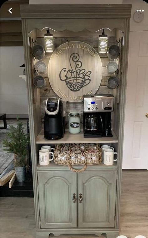 How To Build Coffee Bar, Farmhouse Coffee Station Ideas, Coffee Hutch Diy, Hutch Coffee Bar Ideas, Coffee Bar From Hutch, Hutch Makeover Coffee Bar, Mini Coffee Bar Small Spaces, Coffee And Wine Bar Ideas, Coffee Bar In Kitchen