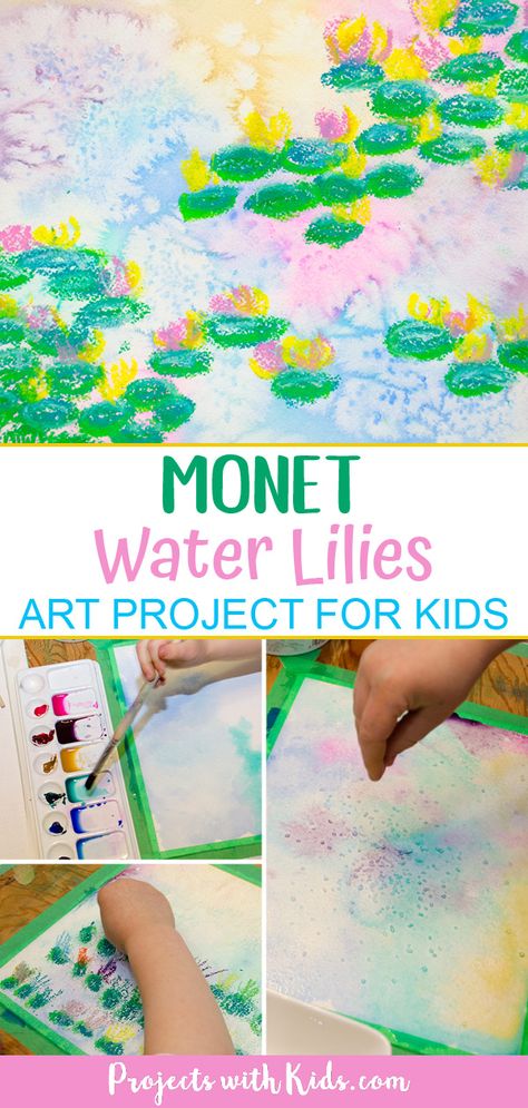 Create beautiful and colorful paintings inspired by the famous artist Claude Monet. Explore easy watercolor techniques and oil pastels in this Monet inspired water lilies art project for kids. #projectswithkids #watercolorpainting #kidsart Famous Artists For Kids, Water Lilies Art, Famous Artists Paintings, Monet Inspired, Art Project For Kids, Claude Monet Art, Monet Water Lilies, Monet Art, Project For Kids