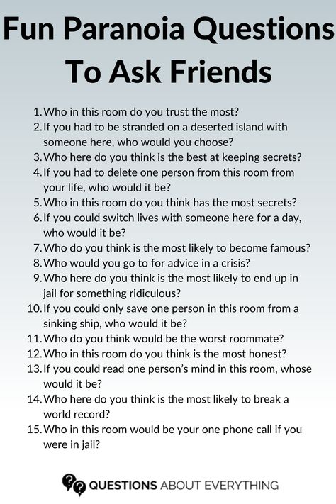 paranoia questions Paranoia Game Questions, Paranoia Questions, Paranoia Game, Question Game For Friends, Questions To Ask Friends, Fun Games For Teenagers, Funny Truth Or Dare, Fun Sleepover Activities, Teen Sleepover Ideas