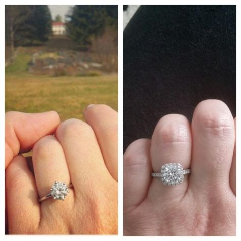 round solitaire to paved band cushion halo- before and after Reset Diamonds Before And After, Ring Resetting Before After, Resetting Diamonds Before And After, Ring Redesign Before And After, Cushion Halo, Round Solitaire, Double Halo, Sister Wedding, Put A Ring On It