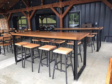 Booneshine Brewery Pub Tables by Carolina Farm Table seen at Boone, Boone | Wescover Small Restaurant Design Cheap, Viking Decor Interior Design, 90s Drinks, Brewery Aesthetic, Taproom Ideas, Industrial Restaurant Design, Outdoor Pub Table, Restaurant Design Rustic, Brewery Decor