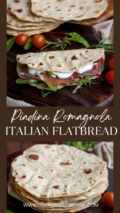 Rosemary Flatbread Recipes, Flatbread Recipes Balsamic, Pear Prosciutto Flatbread, Piadina Recipe, Prosciutto Arugula Flatbread, Italian Piadina, Cold Meat, Dough Recipe, Rolls Recipe