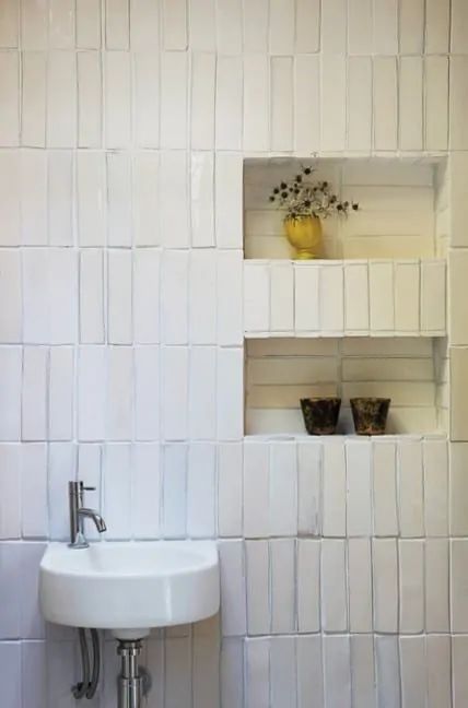 French Country Home by London Architects Bathroom Large Tiles, Stacked Subway Tile Bathroom, Stacked Subway Tile, Small Vanity Sink, Recessed Wall Shelves, Small Bathroom Trends, Subway Tile Bathroom, Large Tiles, Bathroom Large