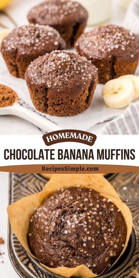 These homemade Chocolate Banana Muffins combine two classic flavors in one easy recipe. Ripe bananas and cocoa make a delicious treat.  Easy muffin recipe that everyone will love! Ripe Banana Recipes Easy, Ripe Banana Recipes, Chocolate Banana Muffins Recipe, Easy Muffin Recipe, Banana Recipes Easy, Ripe Banana Recipe, Chocolate Banana Muffins, Simple Muffin Recipe, Homemade Rolls