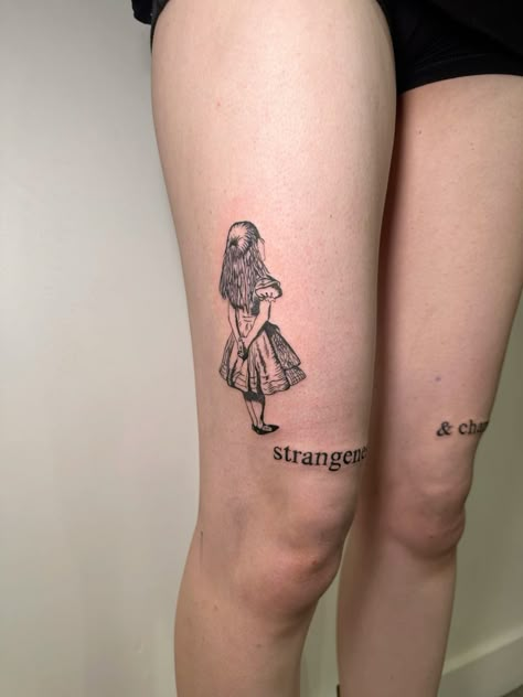 alice in wonderland storybook illustration etching tattoo leg thigh Muchness Tattoo Alice In Wonderland, Tattoo Etching Style, American Mcgee's Alice Tattoo, Alice In Wonderland Leg Tattoo, Queen Of Hearts Tattoo Alice, Fine Art Tattoos, Alice Tattoo Wonderland, Alice In Wonderland Flash Tattoo, Tattoos Alice In Wonderland