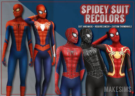 Spidey Suit Recolors | Mal on Patreon Ts4 Cc Spiderman Suit, Spiderman Suit Sims 4 Cc, Ts4 Spiderman Cc, Captain America Outfit, Spider Man Game, Spiderman Poses, Los Sims 4 Mods, Red And Black Outfits, Spiderman Suits