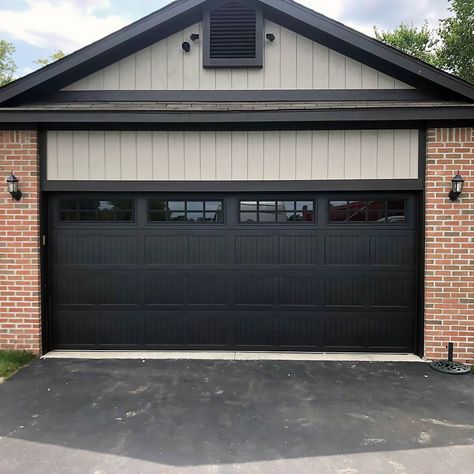 Door Paint Ideas, Black Garage Door, Black Garage Doors, Brick Ranch Houses, White Garage Doors, Garage Door Colors, Carriage House Garage Doors, Outside House Colors, Double Garage Door