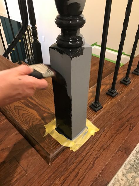 Paint Handrail, Stair Risers and Trim Perfectly Every Time! | DeeplySouthernHome Black Painted Stairs, How To Paint Trim, Painted Stair Railings, Black Stair Railing, Stair Railing Makeover, Paint Trim, Entryway Stairs, Stair Spindles, Painted Staircases