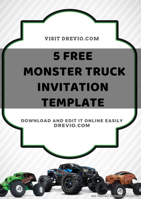 Free Printable Monster Truck Invitation Templates | DREVIO Monster Truck Birthday Invitations Free, Monster Jam Invitations Free, Monster Truck Invitations Free, Monster Truck Theme Birthday Party, Truck Party Invitations, Monster Jam Birthday, Monster Truck Theme, Binder Covers Printable, Airplane Car