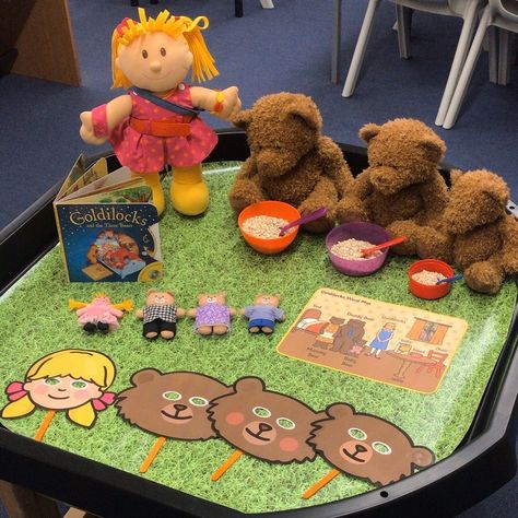 Bear Tuff Tray Ideas, Traditional Tales Tuff Tray, Goldilocks Role Play Area, Goldilocks Tuff Tray Ideas, Goldilocks Tuff Tray, Goldilocks And The Three Bears Tuff Tray, Goldilocks And The Three Bears Eyfs Activities, Goldilocks And The 3 Bears Activities, Eyfs Goldilocks And The Three Bears