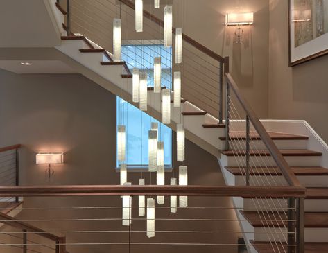 Stairway Lighting Ideas, Entryway Pendant Lighting, Entryway Chandelier, Stairwell Lighting, Stairway Lighting, Modern Lighting Chandeliers, Foyer Chandelier, Entryway Lighting, Contemporary Light Fixtures