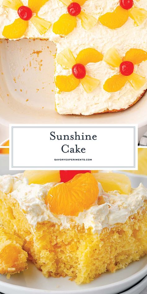 This EASY Sunshine Cake recipe is a moist yellow cake flavored with vibrant oranges and topped with a creamy pineapple-infused topping! Florida Sunshine Cake, Orange Pineapple Cake Recipe, Sunshine Cake Recipe, Orange Pineapple Cake, Pineapple Frosting, Cake Yellow, Moist Yellow Cakes, Fabulous Desserts, Peach Dump Cake