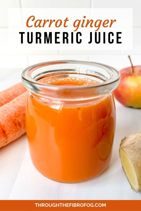 labelled carrot ginger turmeric juice in a glass jar next to carrots, a red apple and ginger root. Ginger Apple Juice, Juice With Ginger, Recipes Using Turmeric, Carrot Ginger Juice, Low Histamine Foods, Turmeric Juice, Fibro Fog, Healthy Fruit Smoothies, Veggie Juice