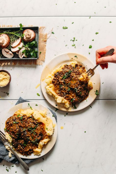 DELICIOUS Lentil Mushroom Stew Over Mashed Potatoes! BIG flavor, 10 ingredients, SUPER hearty #vegan #glutenfree #potatoes #lentils #plantbased #minimalistbaker Lentil Stew Over Mashed Potatoes, Stew Over Mashed Potatoes, Lentil Mushroom Stew, Mushroom Lentil Stew, Lentil Mushroom, Over Mashed Potatoes, Perfect Mashed Potatoes, Mushroom Stew, Vegan Parmesan Cheese